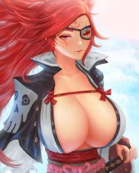 Rule 34 | 1girl, baiken, breasts, bridal gauntlets, closed mouth, cloud, collarbone, eyelashes, eyepatch, eyeshadow, facial mark, floating hair, forehead mark, guilty gear, guilty gear strive, highres, katana, large breasts, light particles, lips, long hair, long sleeves, makeup, mcdobo, parted lips, red eyes, red hair, sash, scar, scar across eye, smile, solo, sword, upper body, weapon