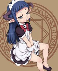 Rule 34 | 1girl, :o, bare legs, between legs, blue eyes, blue hair, blunt bangs, bow, e10, freckles, hand between legs, horns, long hair, looking at viewer, maid, maid headdress, matching hair/eyes, pointy ears, shakki, solo, tanken driland, translation request, v arms, wrist cuffs