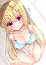 Rule 34 | 1girl, :p, absurdres, aqua bra, aqua panties, arihara nanami, armpit crease, barefoot, blonde hair, blurry, blush, bow, bra, breasts, cleavage, closed mouth, collarbone, commentary, curvy, depth of field, eyelashes, eyes visible through hair, feet out of frame, foreshortening, frilled bow, frilled panties, frills, from above, hair between eyes, heart, highres, large breasts, long hair, looking at viewer, lovestruck, navel, nekota min, official alternate hairstyle, own hands together, panties, pom pom (clothes), ponytail, red eyes, riddle joker, shiny skin, simple background, sitting, smile, solo, sparkle, straight hair, thigh gap, thighs, tongue, tongue out, underwear, v arms, very long hair, wariza, white background