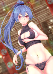 Rule 34 | 1girl, absurdres, areola slip, bare shoulders, black panties, black shirt, blue hair, blush, breast lift, breasts, cat cutout, closed mouth, clothes lift, clothing cutout, covered erect nipples, cowboy shot, dutch angle, fate/grand order, fate (series), gluteal fold, hair between eyes, hair ribbon, highres, indoors, large breasts, long hair, looking at viewer, navel, panties, ponytail, red eyes, red ribbon, ribbon, shirt, shirt lift, side-tie panties, sideboob, skindentation, sleeveless, sleeveless shirt, solo, sparkle, spekkio36, stomach, tomoe gozen (fate), turtleneck, underwear, untying, very long hair