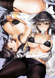 Rule 34 | 2girls, absurdres, animal ears, ass, atago (azur lane), azur lane, black hair, black legwear, blush, bow, breast hold, breasts, brown eyes, cleavage, clothes lift, crotch seam, cum, cum on body, cum on breasts, cum on lower body, cum on upper body, garter straps, gloves, gluteal fold, hair bow, hair flaps, hair ribbon, highres, huge breasts, huge filesize, long hair, lying, mole, mole under eye, mouth hold, multiple girls, no panties, off shoulder, on back, open clothes, open mouth, open shirt, panties, panties under pantyhose, pantyhose, ponytail, ribbon, scan, shirt, simple background, skirt, skirt lift, smile, sweat, takao (azur lane), thighband pantyhose, thighhighs, twisted torso, underwear, white gloves, white panties, yanyo (ogino atsuki)