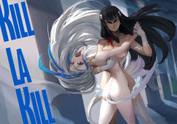 Rule 34 | 10s, 2girls, ass, black hair, blood, blue eyes, blue hair, breasts, copyright name, junketsu, kill la kill, kiryuuin satsuki, leaning back, long hair, looking at viewer, loped, multicolored hair, multiple girls, nude, open mouth, personification, red eyes, scowl, thighhighs, two-tone hair, vampire, white hair