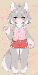 Rule 34 | 1girl, :&lt;, ahoge, animal ear fluff, animal ears, animal hands, arm up, barefoot, blush, brown eyes, camisole, full body, furry, furry female, grey hair, ichi (nuksun12), original, pink camisole, red shorts, short hair, short shorts, shorts, simple background, solo, tail, thighs, translated, wolf ears, wolf girl, wolf tail