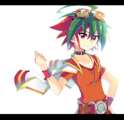 Rule 34 | 1boy, ahoge, choker, dyed bangs, goggles, goggles on head, green hair, green pants, hand on own hip, letterboxed, looking at viewer, male focus, multicolored hair, pants, red eyes, red hair, rento (rukeai), sakaki yuya, short sleeves, smile, solo, yu-gi-oh!, yu-gi-oh! arc-v