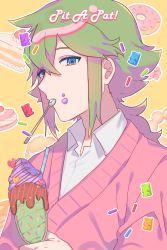 Rule 34 | 1boy, alternate costume, blue eyes, cake, cardigan, collared shirt, commentary, creatures (company), desert, doughnut, food, food on face, game freak, green hair, hair between eyes, hand up, highres, holding, long hair, male focus, mouth hold, n (pokemon), nintendo, outline, p (flavorppp), pink cardigan, pokemon, pokemon bw, shirt, sidelocks, solo, symbol-only commentary, white shirt
