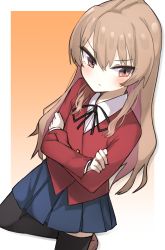 Rule 34 | 1girl, absurdres, aisaka taiga, black ribbon, black thighhighs, blazer, blue skirt, blush, border, brown eyes, brown hair, closed mouth, collared shirt, commentary request, cowboy shot, crossed arms, d.m.sea, gradient background, hair between eyes, highres, jacket, knee up, looking to the side, neck ribbon, oohashi high school uniform, orange background, outside border, partial commentary, pleated skirt, red jacket, ribbon, school uniform, shirt, skirt, solo, standing, thighhighs, toradora!, white border, white shirt