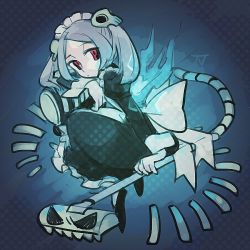 Rule 34 | 1girl, bloody marie (skullgirls), blue background, brooch, dotted background, grey hair, hair ornament, jewelry, maid headdress, red eyes, skull hair ornament, skullgirls, solo, tsunoji, twintails, vacuum cleaner