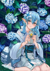 Rule 34 | 1girl, absurdres, blue coat, blue flower, blue hair, blue nails, blue ribbon, blush, brown eyes, can, coat, commentary request, corset, daifuku (yukihana lamy), earrings, flower, frilled skirt, frills, hair between eyes, hair flower, hair ornament, hairclip, highres, holding, holding can, hololive, hood, hood down, huge filesize, hydrangea, jewelry, long hair, long sleeves, looking at viewer, nail art, nail polish, no shoes, off shoulder, outdoors, parted lips, pointy ears, print coat, print skirt, purple flower, rain, ribbon, sapporo beer, shirt, sitting, skirt, snarkhunt, snowflake earrings, snowflake print, socks, solo, virtual youtuber, wariza, wet, white flower, white shirt, white skirt, white socks, wide sleeves, yukihana lamy