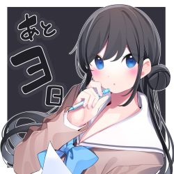 Rule 34 | 1girl, black hair, blue eyes, blush, brown shirt, chikuwa., commentary request, countdown, eyes visible through hair, hair between eyes, hair bun, hand up, holding, holding pencil, long sleeves, looking at viewer, mechanical pencil, original, parted lips, pencil, sailor collar, school uniform, serafuku, shirt, side bun, single hair bun, single side bun, solo, translation request, upper body, white sailor collar