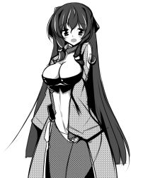 Rule 34 | 1girl, asama tomo, bodysuit, breasts, greyscale, kyoukaisenjou no horizon, large breasts, long hair, looking at viewer, mellow, monochrome, open mouth, pantyhose, simple background, solo, very long hair