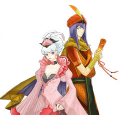 Rule 34 | 1boy, 1girl, blush, breasts, brother and sister, cape, choker, cleavage, dress, earrings, feathers, flower, frilled dress, frills, gensou suikoden, gensou suikoden v, hair up, hand fan, hat, jewelry, josephine (suikoden), konami, meke (77842928), mero (lucsarah), pink dress, pink theme, purple eyes, rose, shula valya, siblings, silver hair, turban