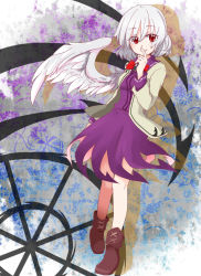 Rule 34 | 1girl, boots, bow, bowtie, braid, brooch, dress, finger to mouth, french braid, full body, gimicalmas, gradient background, jacket, jewelry, kishin sagume, knees, legs, looking ahead, red eyes, short hair, shushing, single wing, solo, touhou, white hair, wings
