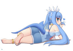 Rule 34 | 1girl, ass, bare shoulders, barefoot, bike shorts, blue eyes, blue hair, blue nails, blush, camisole, choker, dragon girl, dragon tail, dragon wings, feet, fingernails, from behind, hair ornament, heart, kuroonehalf, long fingernails, long hair, long toenails, looking at viewer, looking back, lying, matching hair/eyes, nail polish, on side, original, pointy ears, sharp fingernails, sharp toenails, shiny clothes, shiny skin, smile, soles, solo, tail, toenails, toes, twintails, very long hair, wings