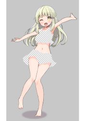 Rule 34 | 1girl, ;d, bang dream!, bare arms, bare legs, bare shoulders, barefoot, breasts, collarbone, commentary request, crop top, full body, grey background, highres, looking at viewer, medium breasts, midriff, navel, one eye closed, open mouth, outstretched arms, shipii (jigglypuff), skirt, smile, solo, spread arms, standing, standing on one leg, tank top, tsurumaki kokoro, two-tone background, unmoving pattern, white background, yellow eyes
