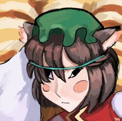 Rule 34 | 103anon, 1girl, animal ear fluff, animal ears, artist name, black eyes, blush, blush stickers, brown hair, cat ears, chen, close-up, closed mouth, danlamdae, green hat, hair between eyes, hat, mob cap, red vest, shirt, short hair, solo, string, touhou, vest, wall-eyed, white shirt