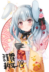Rule 34 | 1girl, animal ears, blue hair, bowl, brown kimono, chinese zodiac, closed mouth, commentary request, flower, hair flower, hair ornament, highres, holding, holding bowl, japanese clothes, kimono, long hair, long sleeves, looking at viewer, motoi ayumu, nail polish, obi, original, pink flower, pink nails, rabbit ears, red eyes, sash, see-through, sleeves past wrists, smile, solo, upper body, wide sleeves, year of the rabbit