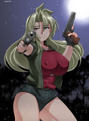 Rule 34 | 1girl, absurdres, blouse, breasts, covered erect nipples, cowboy shot, dual wielding, framed breasts, green hair, gun, hair between eyes, handgun, highres, holding, large breasts, long hair, looking at viewer, madlax, madlax (character), pistol, purple eyes, red shirt, saizu nitou gunsou, shirt, shorts, sig sauer, sig p210, sky, smile, solo, standing, star (sky), starry sky, weapon