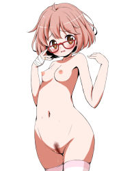 Rule 34 | 10s, 1girl, ahoge, bandages, blush, breasts, brown eyes, brown hair, female pubic hair, glasses, jewelry, kuriyama mirai, kyoukai no kanata, muu rian, navel, nipples, nude, pubic hair, pussy, ring, small breasts, solo, striped clothes, striped thighhighs, thighhighs, uncensored