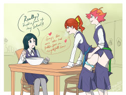 Rule 34 | 3girls, amanda o&#039;neill, barbara parker, black hair, blush, brown hair, chair, english text, exhibitionism, futa with female, futanari, grabbing, grabbing from behind, green eyes, hannah england, heart, highres, leaning forward, little witch academia, long hair, meme, multiple girls, oksandio, open mouth, panties, panties around leg, ponytail, public indecency, sex, sex from behind, short hair, sitting, smile, speech bubble, standing, standing sex, table, underwear