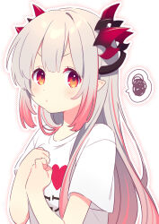 Rule 34 | 1girl, blush, closed mouth, gradient hair, grey hair, hands up, heart, highres, i heart..., indie virtual youtuber, kusumoto shizuru, long hair, looking at viewer, multicolored hair, pink hair, pointy ears, red eyes, shirt, short sleeves, solo, spoken squiggle, squiggle, suou patra, upper body, v-shaped eyebrows, very long hair, virtual youtuber, white background, white shirt