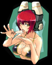 Rule 34 | 1girl, bikini, blush, breasts, cosmic break, cupping hand, food, headgear, large breasts, licking, maril march, popsicle, red hair, sexually suggestive, skj, solo, swimsuit, yellow eyes