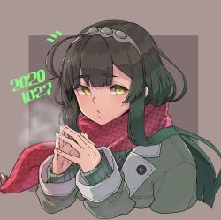 Rule 34 | 1girl, ahoge, alternate costume, blunt ends, border, breathing on hands, brown background, brown border, brown hair, brown hairband, checkered clothes, checkered scarf, coat, cropped torso, dated, gradient hair, green coat, green eyes, green hair, green sweater, hairband, hands up, highres, long hair, long sleeves, looking at viewer, multicolored hair, notice lines, outside border, own hands together, red scarf, ribbed sweater, scarf, sidelocks, simple background, solo, steepled fingers, sweater, toriniku29, touhoku zunko, upper body, voiceroid