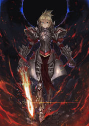 Rule 34 | 1girl, armor, armored boots, blonde hair, boots, fate/apocrypha, fate (series), fire, gauntlets, green eyes, hair ornament, hair scrunchie, highres, holding, holding sword, holding weapon, long hair, memekun, mordred (fate), mordred (fate/apocrypha), red scrunchie, scrunchie, smile, solo, sword, weapon