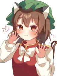Rule 34 | 1girl, :3, blush, bow, bowtie, breasts, brown eyes, brown hair, chen, claw pose, closed mouth, fang, fang out, gold trim, green hat, hair between eyes, hands up, hat, long sleeves, looking at viewer, medium hair, mob cap, puffy long sleeves, puffy sleeves, red vest, simple background, siomi 403, slit pupils, small breasts, smile, solo, touhou, vest, white background, white bow, white bowtie
