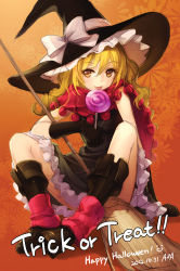 Rule 34 | 10s, 1girl, 2012, an2a, black gloves, blonde hair, boots, braid, broom, candy, dated, female focus, food, gloves, halloween, happy halloween, holding, kirisame marisa, lollipop, long hair, scarf, signature, single braid, sitting, sketch, solo, swirl lollipop, tongue, tongue out, touhou, trick or treat, yellow eyes