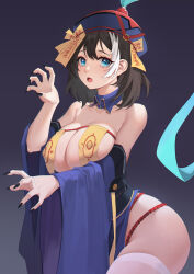 Rule 34 | 1girl, a san san, absurdres, armpit crease, ass, azur lane, bare shoulders, black hair, black nails, blue eyes, breasts, chinese commentary, claw pose, collarbone, commentary request, detached sleeves, fingernails, gradient background, highres, hwah jah (azur lane), hwah jah (the festive undead) (azur lane), large breasts, long fingernails, long sleeves, looking at viewer, medium hair, multicolored hair, nail polish, official alternate costume, open mouth, revealing clothes, sharp fingernails, solo, standing, streaked hair, thighhighs, thighs, white hair, white thighhighs, wide sleeves