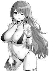 Rule 34 | 1girl, azur lane, between breasts, bikini, bracelet, breasts, cleavage, closed mouth, contrapposto, covered erect nipples, cowboy shot, greyscale, halterneck, halterneck, hand up, hori (hori no su), jewelry, large breasts, littorio (azur lane), long hair, looking at viewer, monochrome, navel, necklace, one eye closed, skindentation, smile, solo, standing, stomach, string bikini, swimsuit, thighs, very long hair, wet, wristband