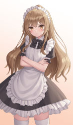 Rule 34 | 1girl, aisaka taiga, alternate costume, bad id, bad twitter id, brown hair, crossed arms, enmaided, highres, long hair, looking at viewer, maid, orange background, seungju lee, solo, thighhighs, thighs, toradora!, white thighhighs, zettai ryouiki