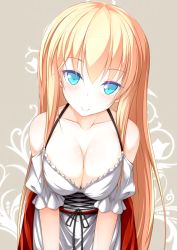 Rule 34 | 10s, 1girl, alternate costume, bare shoulders, bismarck (kancolle), blonde hair, blue eyes, blush, breasts, cleavage, collarbone, dirndl, german clothes, highres, jougen, kantai collection, large breasts, long hair, looking at viewer, no headwear, no headwear, smile, solo, traditional clothes