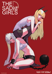 Rule 34 | 2girls, animal ears, ankle cuffs, ball and chain restraint, bare shoulders, bdsm, blonde hair, blue eyes, blunt bangs, bondage, boots, bound, breasts, chain, cuffs, fake animal ears, femdom, guitar (guitars), handcuffs, kneehighs, legs, long hair, medium breasts, midriff, multiple girls, navel, open mouth, original, shorts, sitting, sitting on person, skirt, smile, socks, tank top, thigh boots, thighhighs, twintails, white hair, yuri, zettai ryouiki