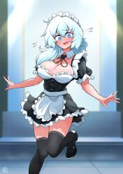 Rule 34 | 1girl, @ @, apron, black thighhighs, blue eyes, blush, breasts, cleavage, highres, large breasts, looking down, maid, maid apron, maid day, merlin prismriver, open mouth, scavia10, skirt, solo, sweat, sweatdrop, thighhighs, thighs, touhou, white hair