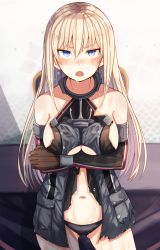 Rule 34 | 10s, 1girl, bismarck (kancolle), black panties, blue eyes, blush, breasts, brown gloves, clothing cutout, collar, collarbone, cowboy shot, detached sleeves, embarrassed, gloves, gluteal fold, hair between eyes, highres, jacket, kantai collection, large breasts, long hair, looking at viewer, navel, nose blush, open clothes, open jacket, panties, plan (planhaplalan), sideboob, solo, torn clothes, underboob cutout, underwear, upper body, wet