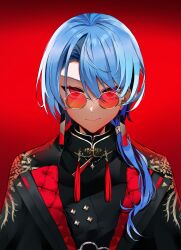 Rule 34 | 1girl, absurdres, aya02ka, black coat, blue hair, closed mouth, coat, commentary, dragon print, earrings, glasses, gradient background, hair over shoulder, highres, hololive, hoshimachi suisei, hoshimachi suisei (8th costume), hoshimachi suisei (oriental suit), jewelry, lapels, light blue hair, long hair, looking at viewer, looking over eyewear, mandarin collar, neck tassel, notched lapels, official alternate costume, official alternate eye color, official alternate hairstyle, pince-nez, red-tinted eyewear, red background, red eyes, round eyewear, simple background, solo, swept bangs, tassel, tassel earrings, tinted eyewear, tsurime, two-sided coat, two-sided fabric, upper body, virtual youtuber