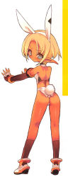 Rule 34 | 1girl, animal ears, ass, back, bare back, blade (galaxist), blonde hair, blush, rabbit ears, rabbit tail, fingerless gloves, frown, full body, gloves, highres, long image, looking back, original, petite, pointy ears, scan, short hair, solo, tail, tall image, twisted neck
