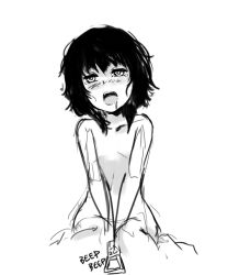 Rule 34 | 1girl, black hair, cellphone, drooling, flat chest, greyscale, highres, monochrome, monochrome, original, pas (paxiti), phone, saliva, short hair, tears, waking up, unfinished