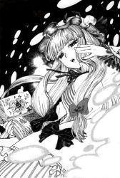 Rule 34 | 1girl, bad id, bad pixiv id, blunt bangs, book, bow, danmaku, female focus, greyscale, hair bow, hand on own face, hat, long hair, monochrome, patchouli knowledge, slit pupils, solo, tokita-c, touhou, traditional media