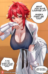 Rule 34 | 1girl, aizawa tomo, belt, black belt, breasts, commentary, dougi, english commentary, english text, enma (enmanuelart), fang, hair between eyes, hair intakes, hand on own thigh, hand up, hanging breasts, highres, huge breasts, karate gi, leaning forward, light blush, looking at viewer, martial arts belt, paid reward available, pants, patreon logo, patreon username, red eyes, red hair, see-through, short hair, short sleeves, solo, sparkle, standing, sweat, tomo-chan wa onna no ko, v-shaped eyebrows, watermark, web address, wet, wet clothes, white pants