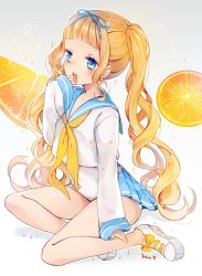 Rule 34 | 1girl, 2018, apron, blue eyes, blue ribbon, blue sailor collar, blue skirt, bow, commentary, cropped shirt, english commentary, food, footwear bow, fruit, hair ribbon, highres, neckerchief, orange (fruit), orange neckerchief, orange slice, original, pleated skirt, ribbon, sailor collar, shirt, shoes, short bangs, sitting, skirt, sleeves past wrists, sneakers, solo, twintails, wavy hair, white apron, white footwear, white shirt, yellow bow, yenkoes, yokozuwari