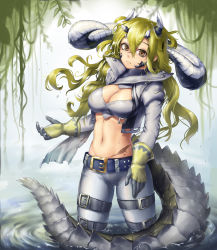 Rule 34 | 1girl, arknights, bad id, bad pixiv id, belt, breasts, brown eyes, cleavage, cleavage cutout, clothing cutout, commentary request, crop top, cropped jacket, dragon horns, estelle (arknights), gloves, green hair, grey jacket, grey shirt, hair between eyes, healingpit, highres, horns, jacket, large breasts, leg belt, long hair, long sleeves, looking at viewer, midriff, nature, navel, open clothes, open jacket, pants, plant, shirt, solo, standing, stomach, vines, wading, water