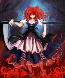 Rule 34 | 1girl, azuki (azuki-taste), blue dress, breasts, cleavage, commentary, dress, flower, highres, holding, holding scythe, large breasts, one-hour drawing challenge, onozuka komachi, red eyes, red flower, red hair, sash, scythe, short hair, short sleeves, solo, spider lily, touhou, two side up