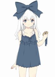 Rule 34 | 1girl, babydoll, blue bow, blush, bow, closed mouth, collarbone, cowboy shot, grey eyes, hair bow, hand up, holding, large bow, long hair, original, pocket watch, simple background, solo, suzuki moeko, watch, wavy hair, white background, white hair