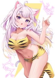 Rule 34 | 100ton250, 1girl, :o, ahoge, animal ears, braid, breasts, cat ears, cat girl, cat tail, cleavage, grey hair, hashtag only commentary, highres, indie virtual youtuber, large breasts, lightning, lion print, long hair, looking at viewer, neru utano, purple eyes, single braid, tail, underwear, underwear only, virtual youtuber