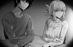Rule 34 | 1boy, 1girl, braid, braided ponytail, breasts, fate/grand order, fate (series), florence nightingale (fate), folded ponytail, fujimaru ritsuka (male), greyscale, hxd, large breasts, long hair, long sleeves, monochrome, ribbed sweater, short hair, sweater, turtleneck, turtleneck sweater
