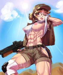 Rule 34 | 1girl, abs, absurdres, assault rifle, belt, breasts, brown hair, clothes lift, cloud, fio germi, ghgnvm, glasses, gun, hat, highres, knee pads, metal slug, muscular, muscular female, nipples, one eye closed, rifle, shirt lift, short hair, shorts, sky, sun, sweat, thick thighs, thighs, tongue, tongue out, trigger discipline, vest, weapon, wiping sweat