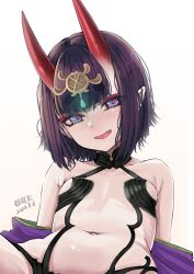Rule 34 | 1girl, b.d, bare shoulders, bob cut, breasts, collarbone, eyeliner, fate/grand order, fate (series), headpiece, highres, horns, japanese clothes, kimono, looking at viewer, makeup, navel, off shoulder, oni, open clothes, open kimono, open mouth, pointy ears, purple eyes, purple hair, purple kimono, revealing clothes, short hair, shuten douji (fate), skin-covered horns, small breasts, smile, solo