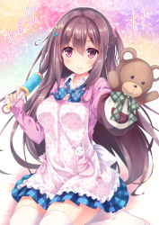 Rule 34 | 1girl, apron, brown eyes, brown hair, cardigan, hand puppet, long hair, looking at viewer, original, pleated skirt, puppet, ryo (botugo), sitting, skirt, solo, thighhighs